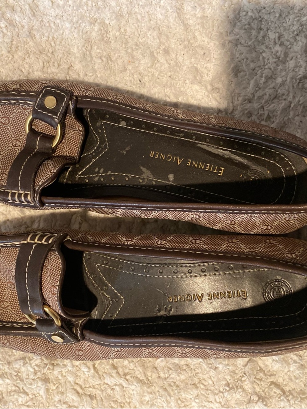 Etienne Aigner Brown Patterned Slip-On Loafers with Gold Buckle